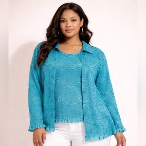 Magic Scarf Teal Crinkle Blouse Set OSFM Textured Top Jacket 2PC Stretchy